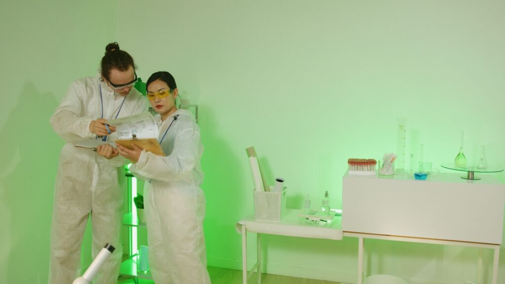 Scientists conducting research in a modern laboratory