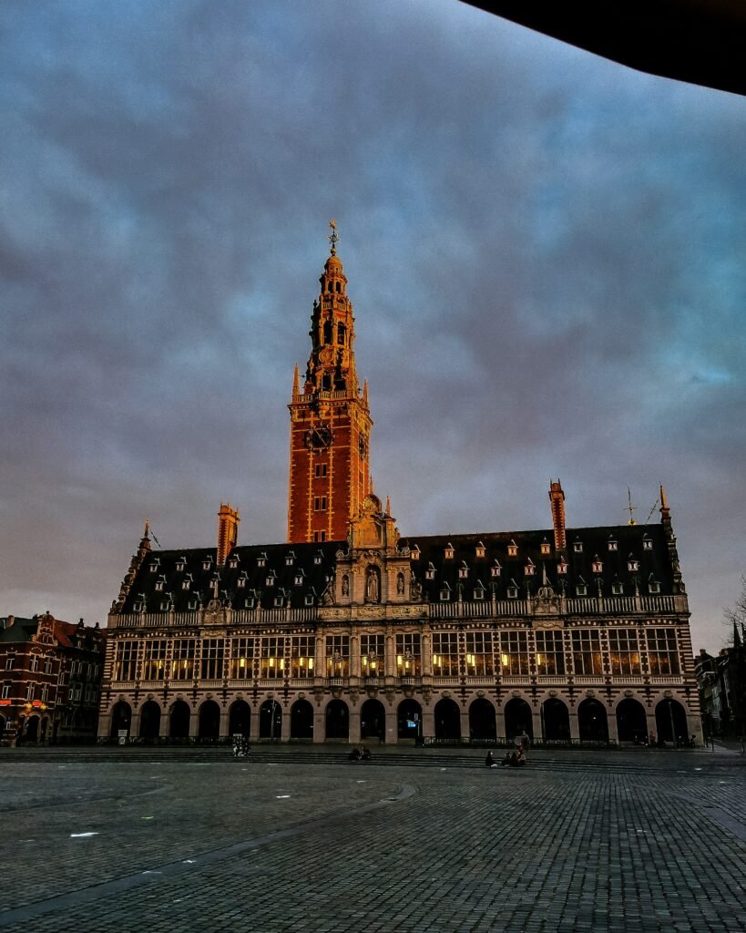 Historic building with a tower in Leuven, Belgium